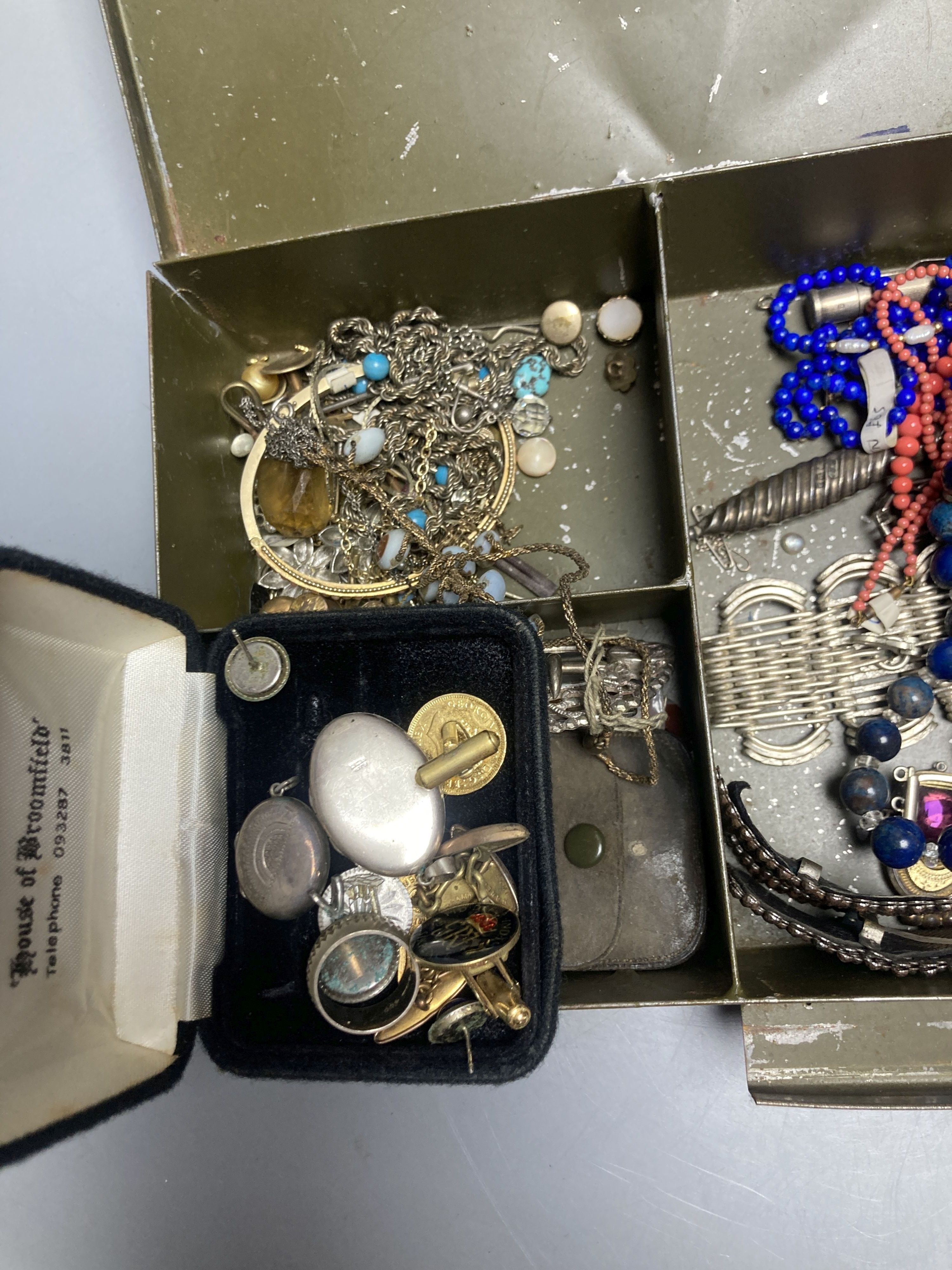 A mixed group of assorted mainly costume jewellery and other items including silver buckle.